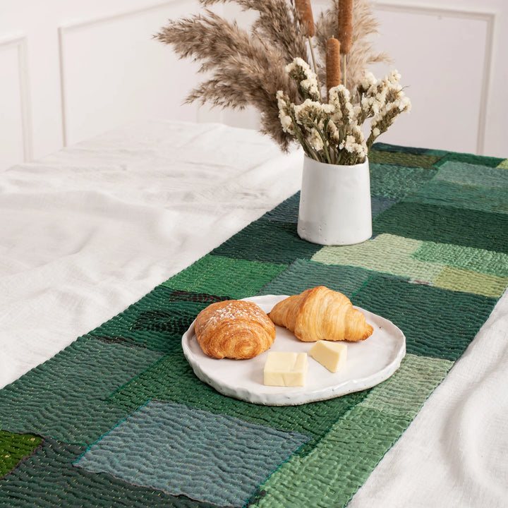 Landscape Fray Patch  vintage Kantha Runner - Green