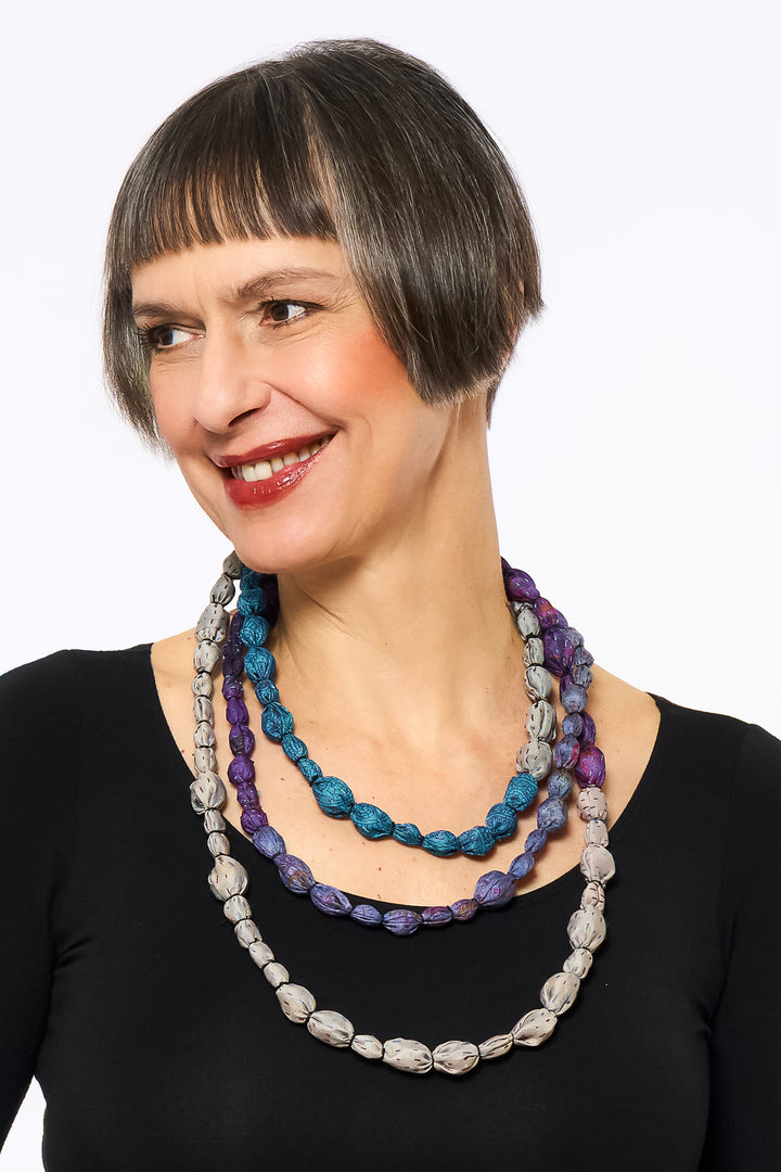 VINTAGE SILK KANTHA TIE-BEADS LONG NECKLACE - sv2707-blu -