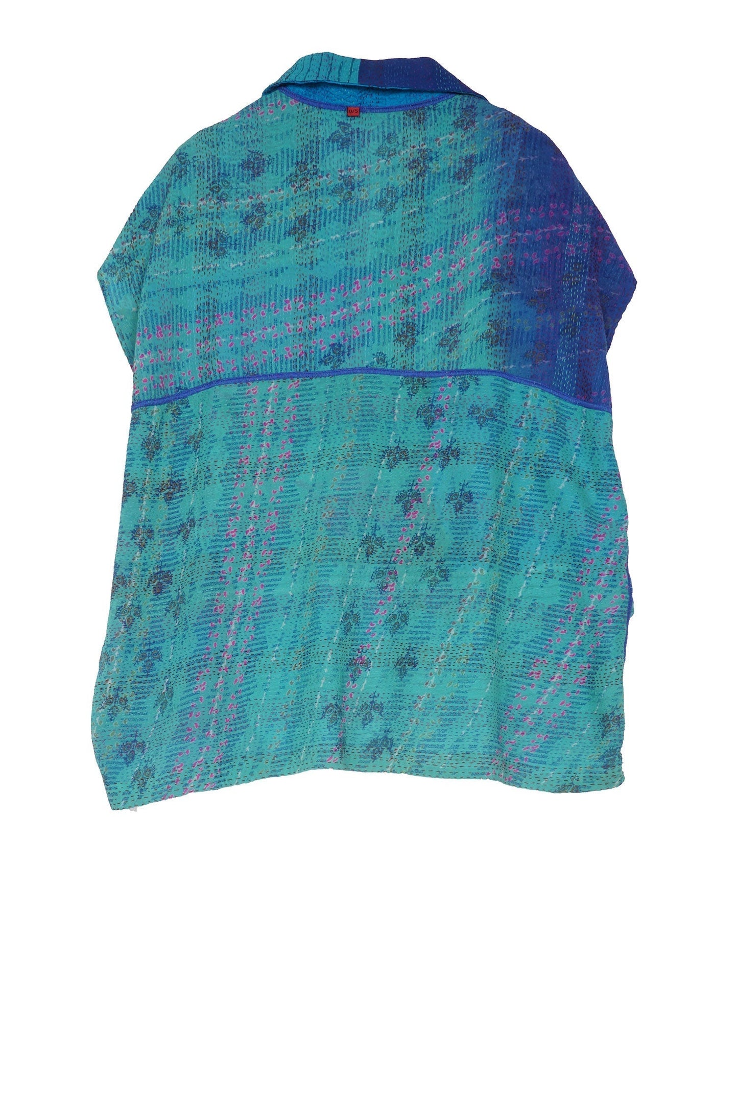 GEORGETTE VINTAGE SILK PATCH KANTHA CAP SLV. SHIRT - gs2530-blu -