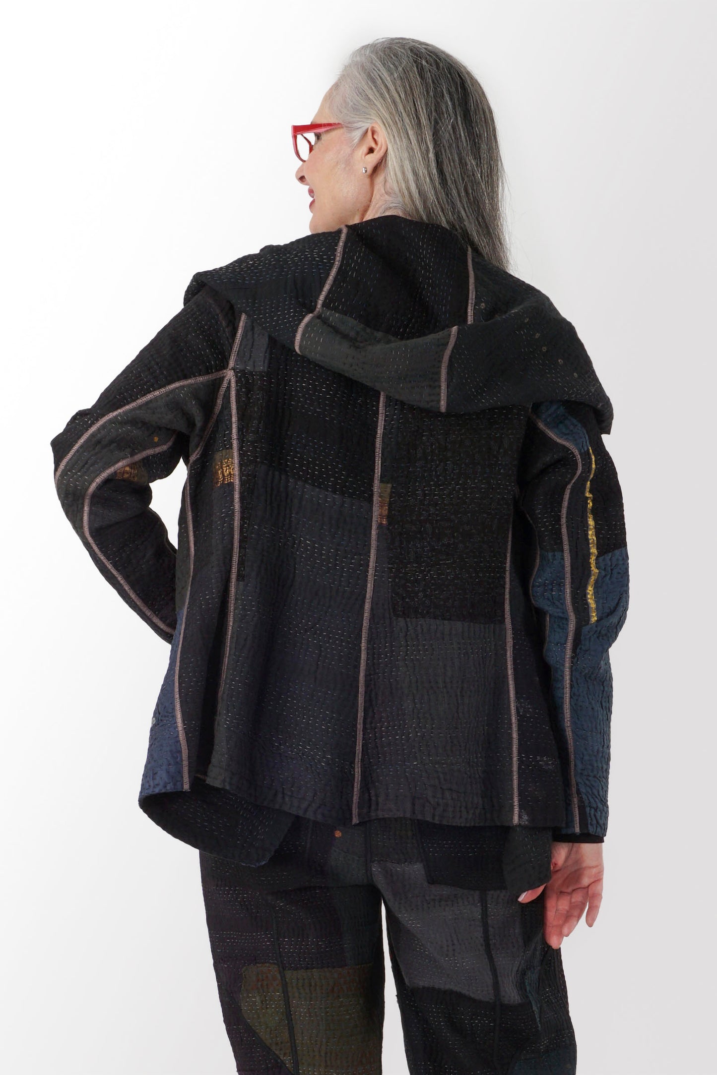 COTTON SILK SW PATCH KANTHA HOODIE JKT - ws4036-blk -