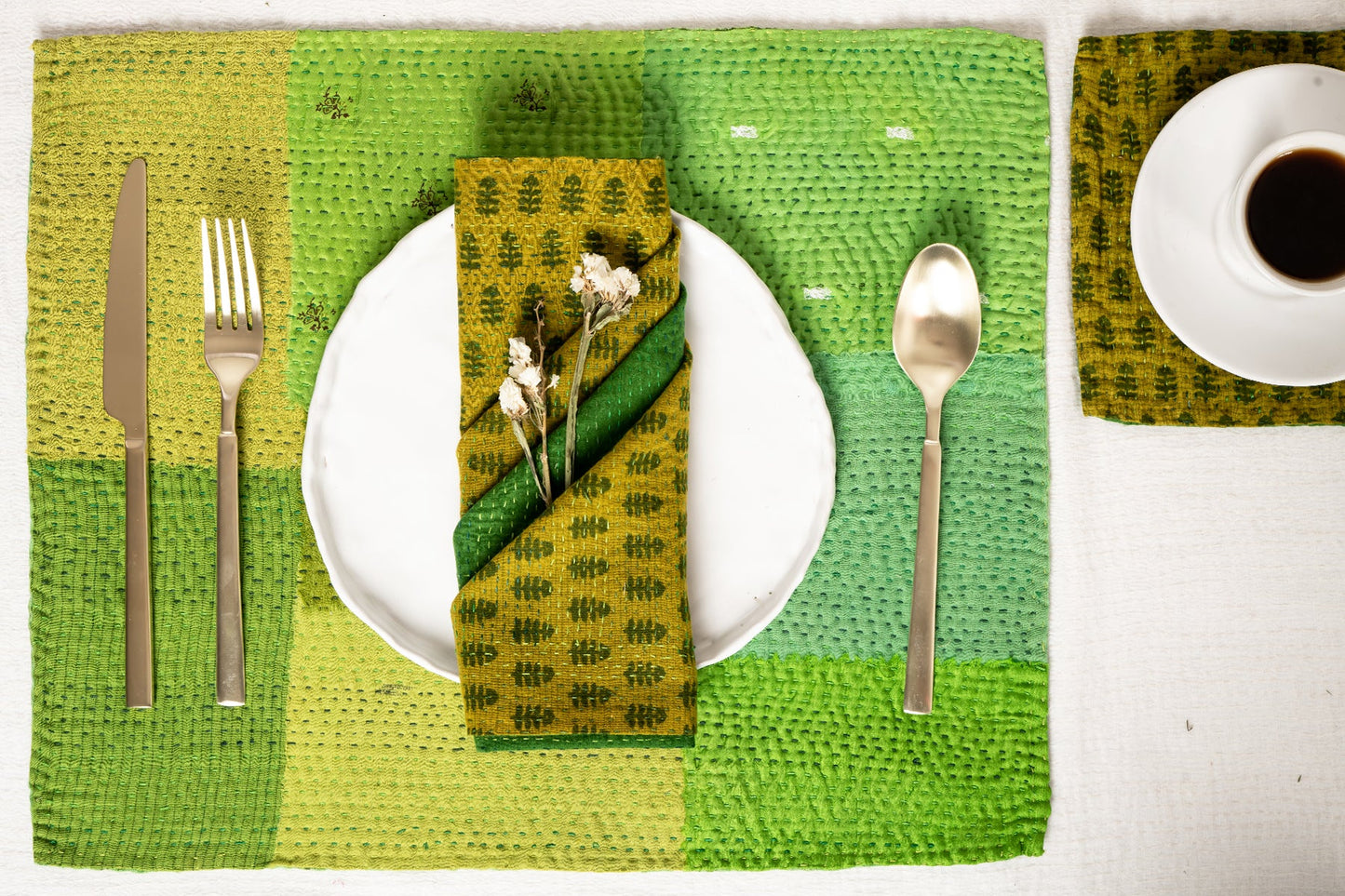 Mosaic Fray patch Vintage Kantha Placemat -Lime Green (SET OF 2)