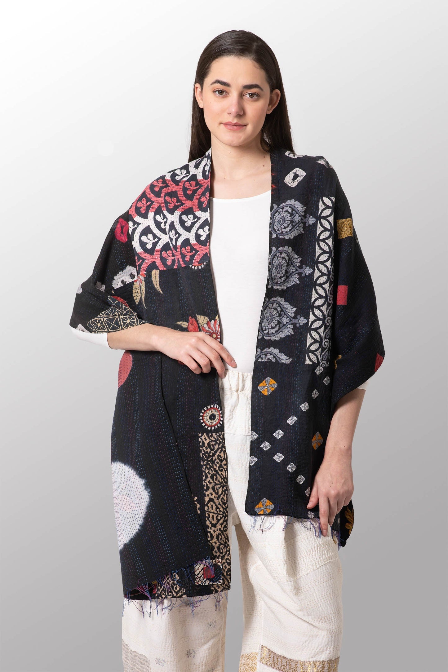 PATCH & CIRCLE PRINT KANTHA SCARF STANDARD - pc2801-blk -
