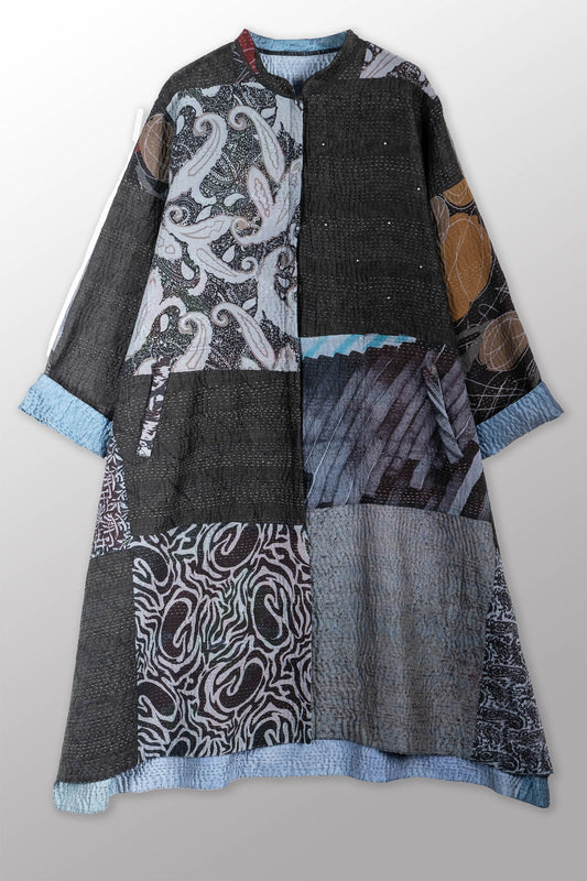 JACQUARD SILK KANTHA KAFTAN COAT - js4343-blk -