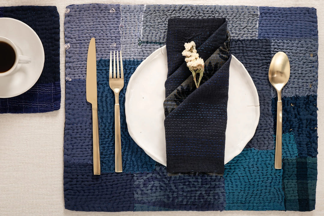 Landscape Fray Patch  Vintage Kantha Placemat - Navy (Set of 2)