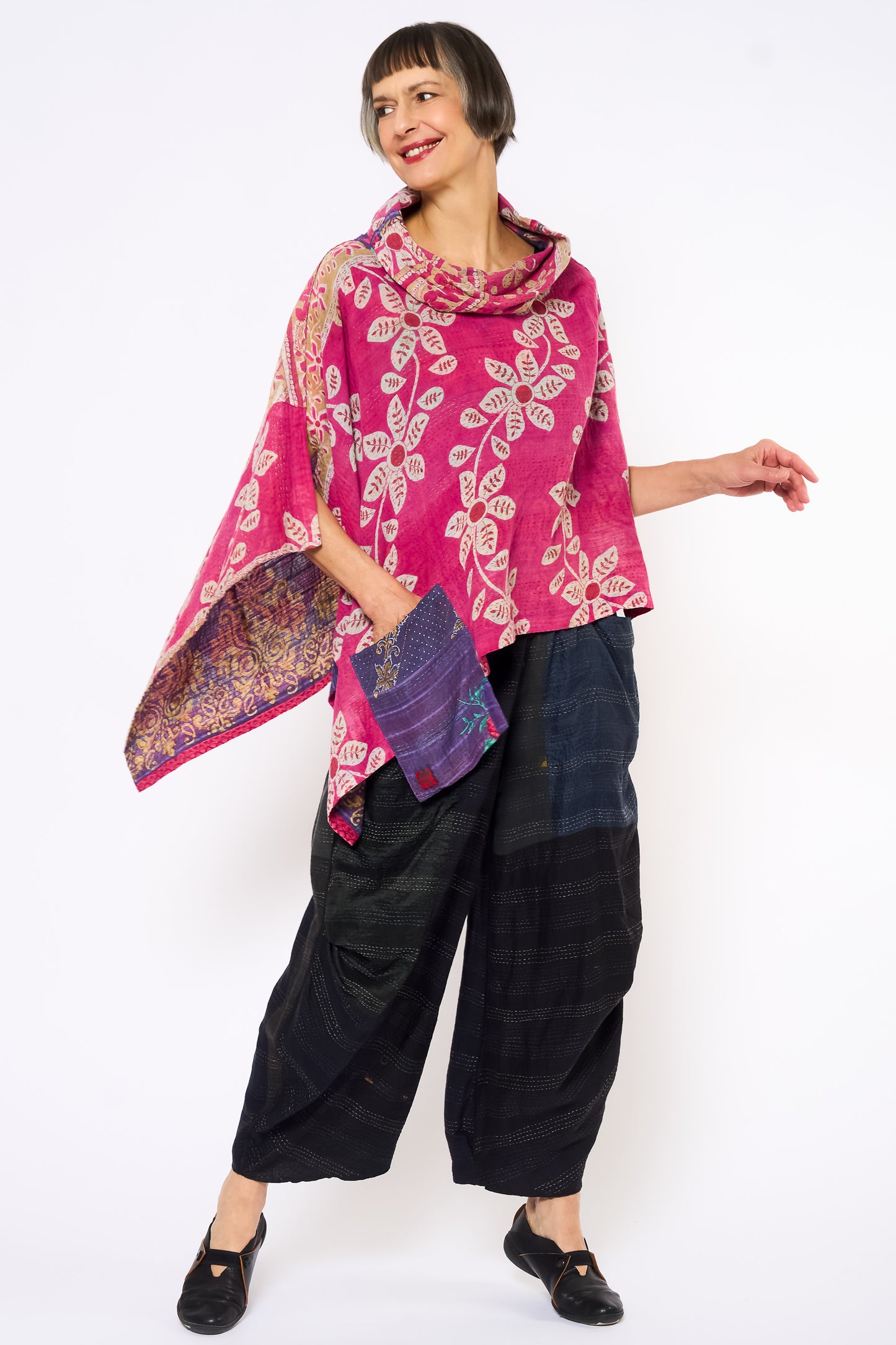 VINTAGE COTTON KANTHA COWL NECK LONG CAPE - cv2842-0004a -
