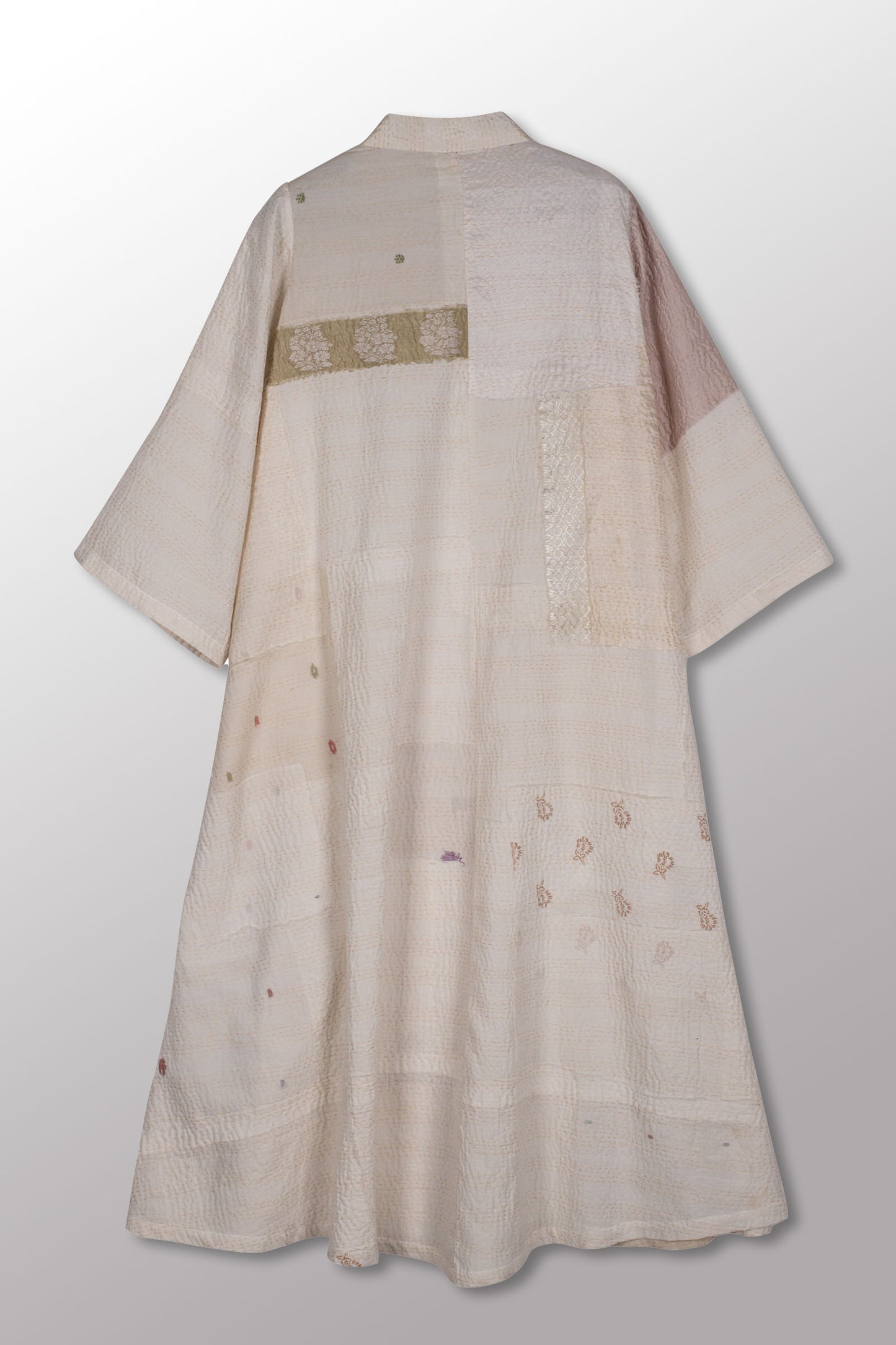 FRAYED PATCH KANTHA V-NECK FLARE SLEEVE DRESS - fi2445-ivy -