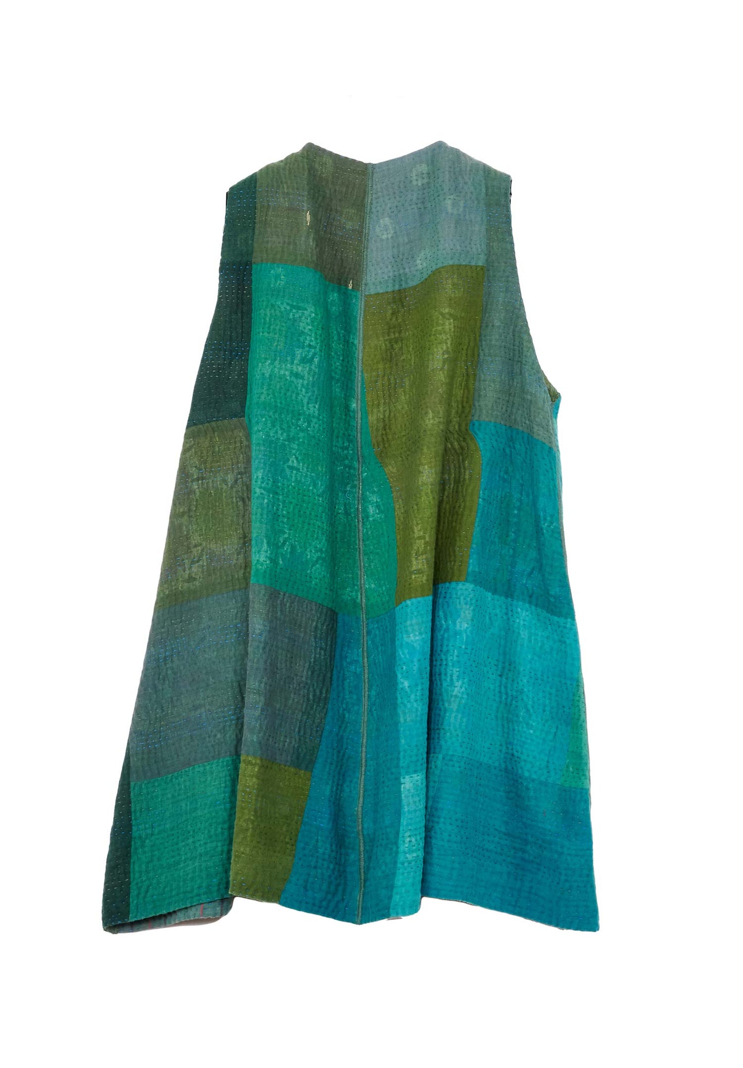 OMBRE PATCHED KANTHA BELL SHAPE LONG VEST - op4225-grn -