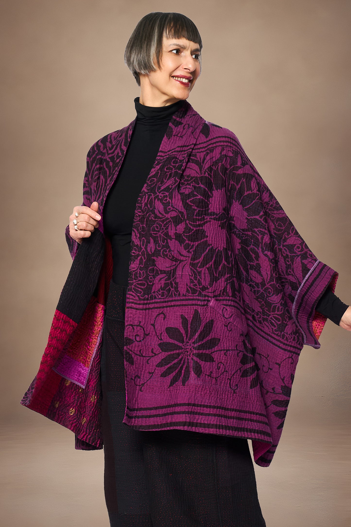 AMETHYST COTTON SILK KANTHA DOUBLE COLLAR PONCHO - oc4323-prp -