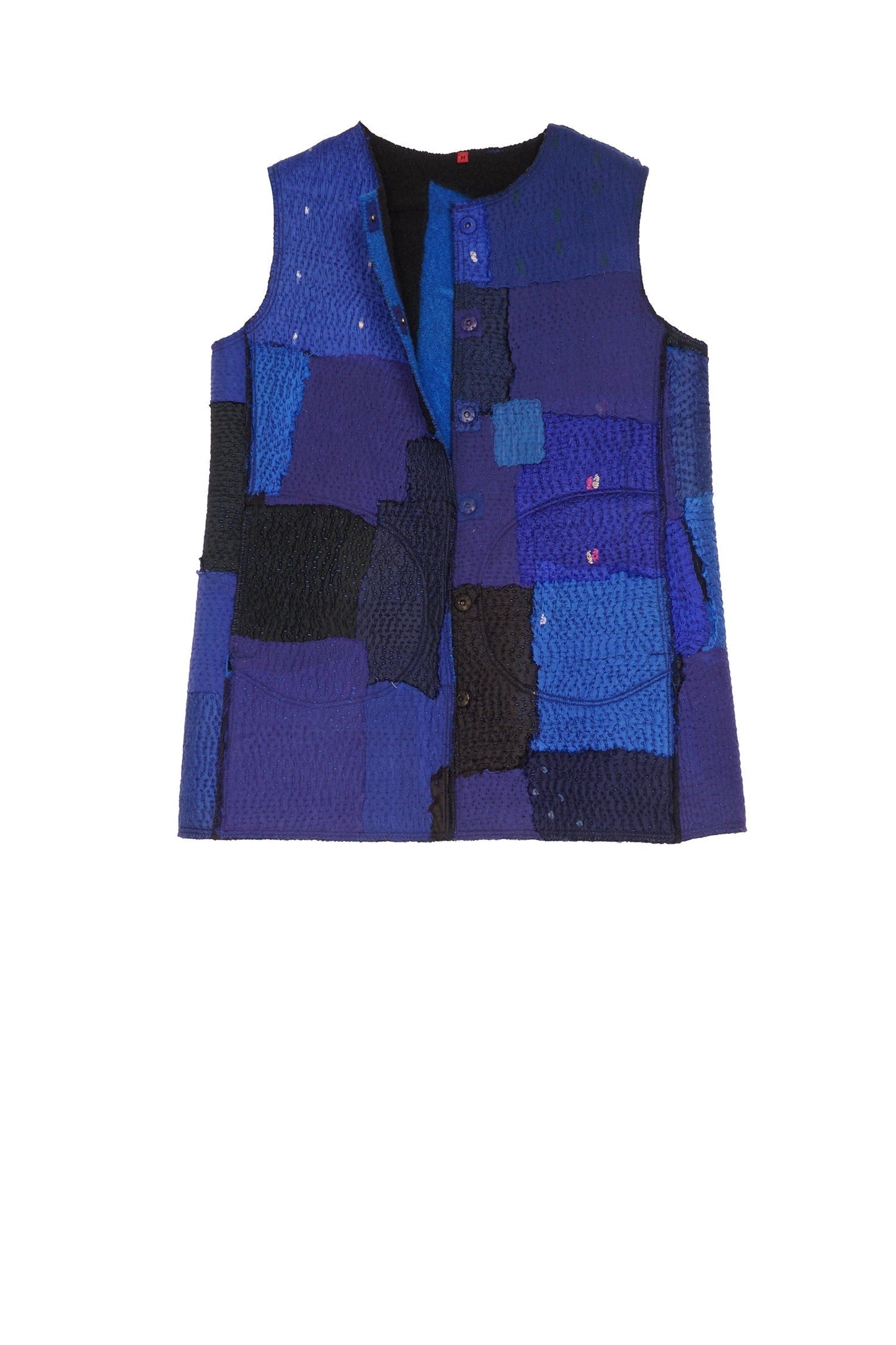 BOILED WOOL KANTHA CREW NECK FITTED VEST MEDIUM - wb2233-blu -