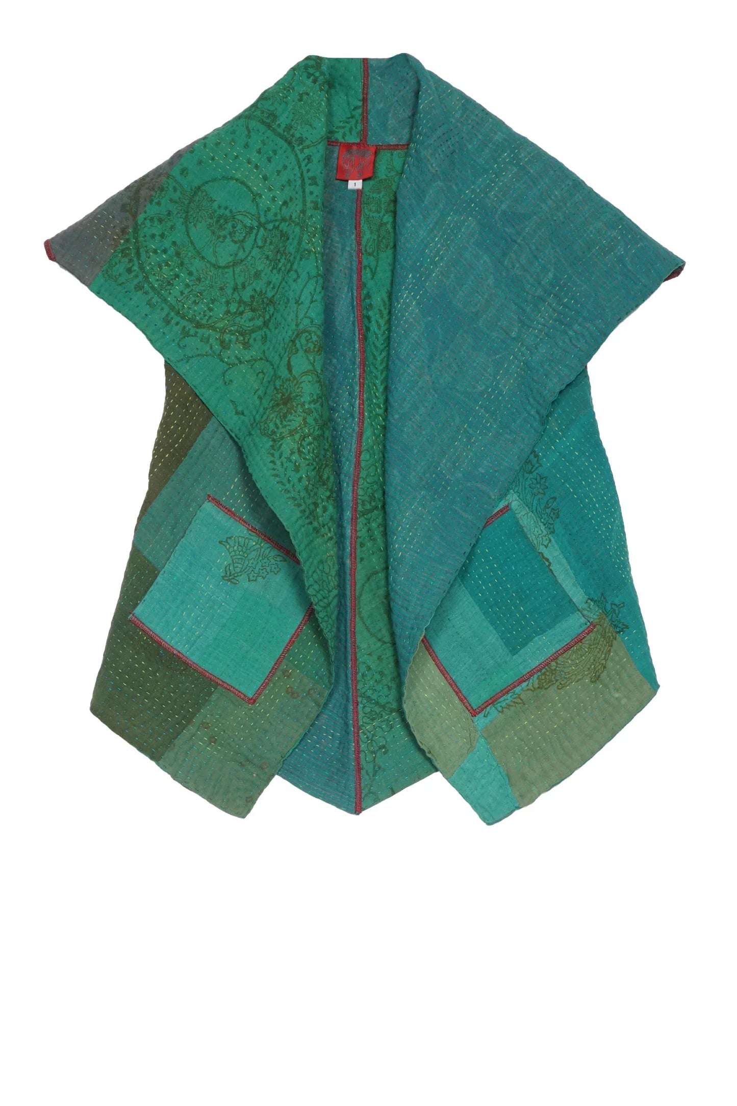 OMBRE PATCHED GOLD STAMP KANTHA CIRCULAR SHORT VEST - og4202-grn -