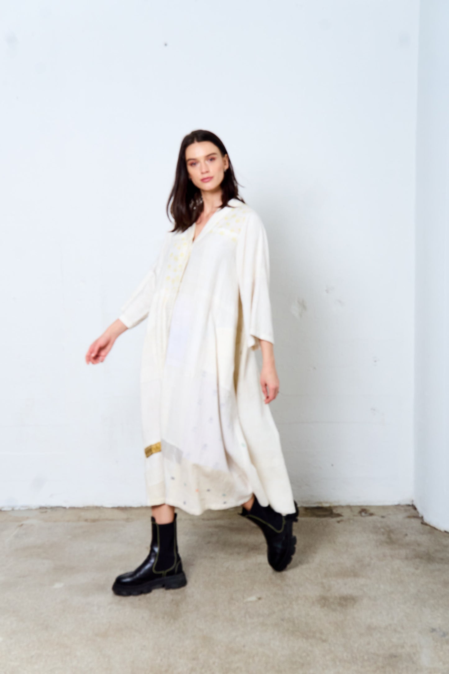 FRAYED PATCH KANTHA V-NECK FLARE SLEEVE DRESS - fi2445-ivy -