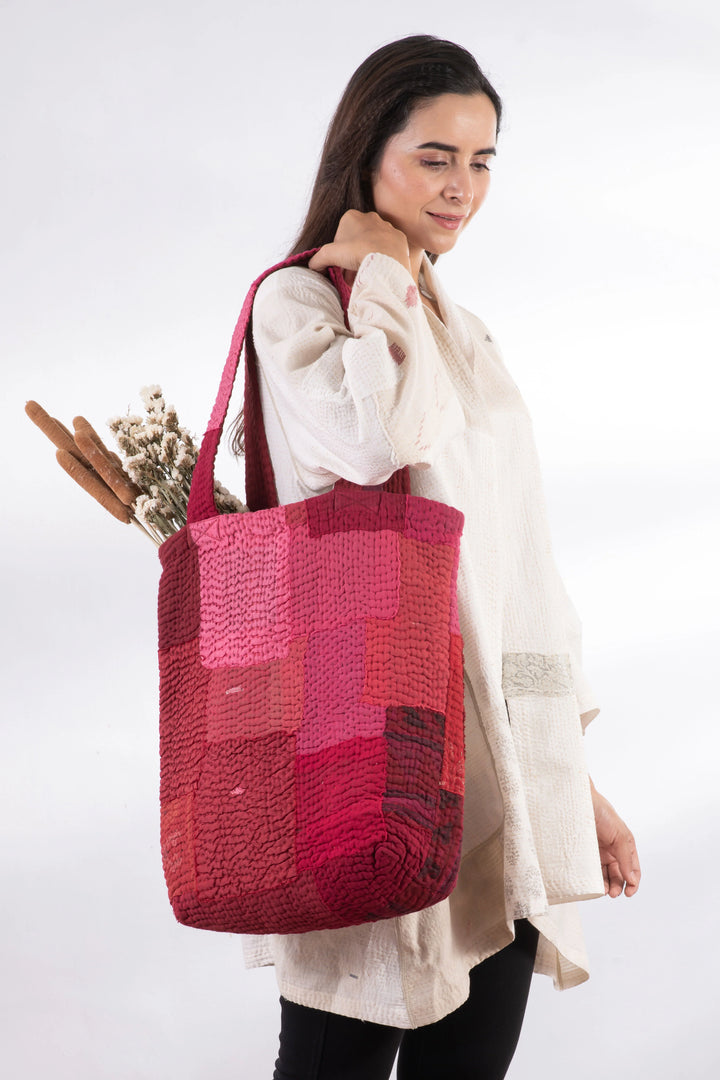 Landscape Handmade Vintage Kantha Tote Bag -Red