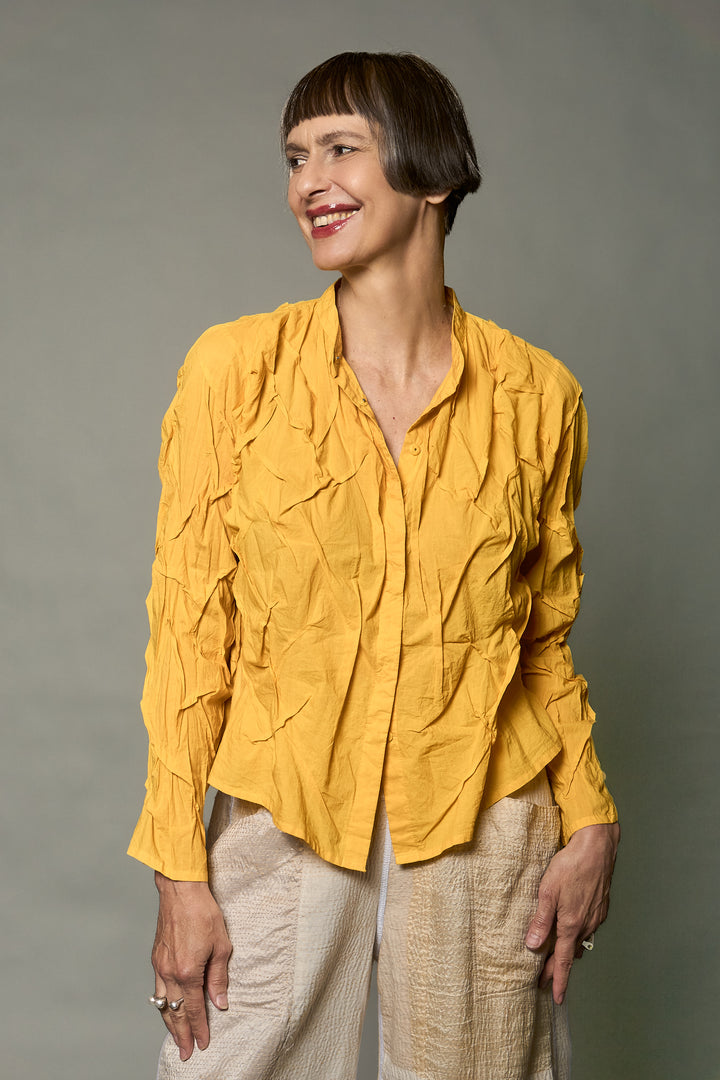 POLISHED COTTON WAVY CROPPED BAND COLLAR SHRT-NON DYED - wl1t109-ylw -