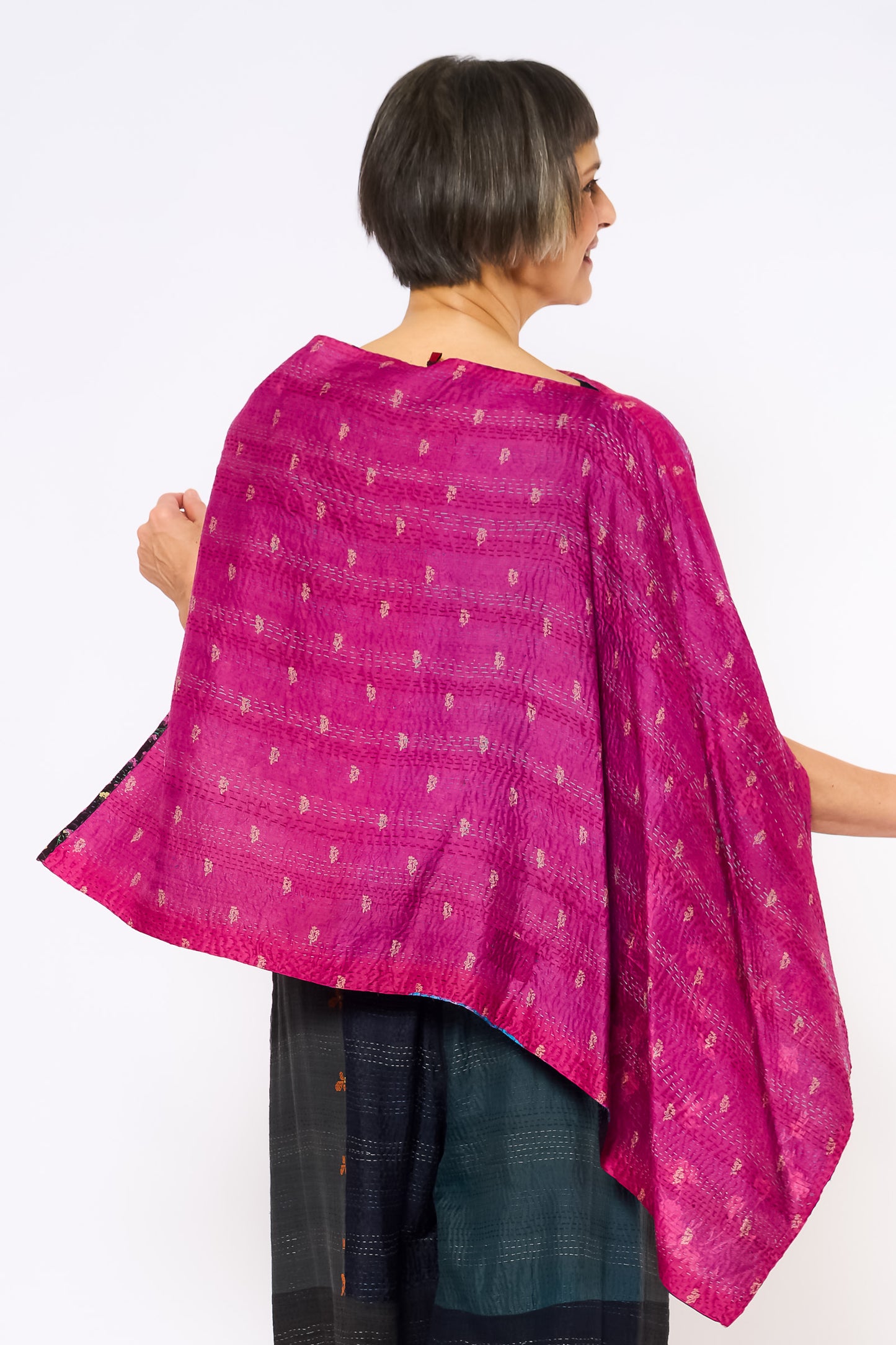VINTAGE SILK KANTHA LONG CAPE - sv2841-mlt -