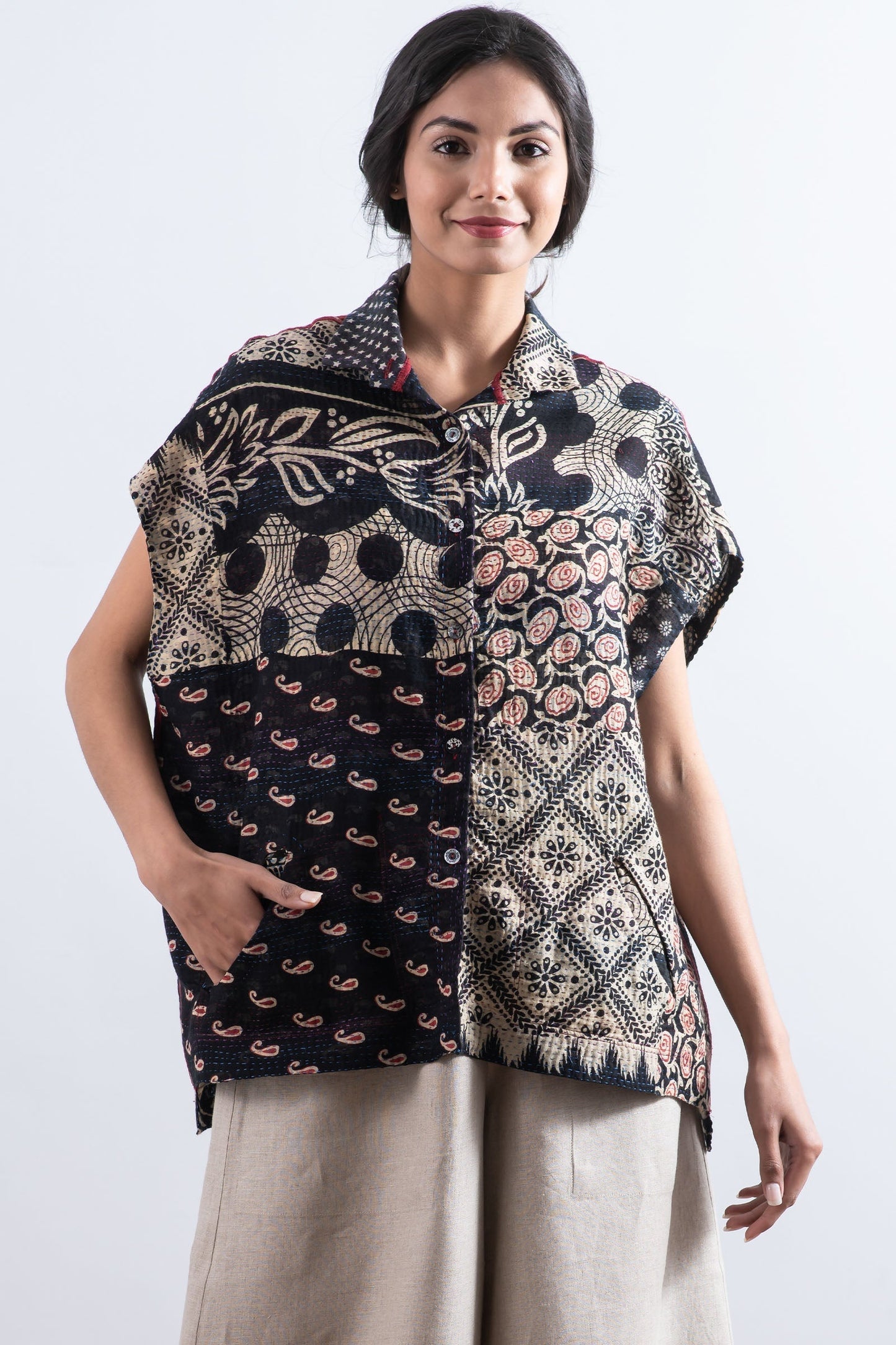 PATCHED PRINT KANTHA CAP SLV. SHIRT - pp2530-blk -