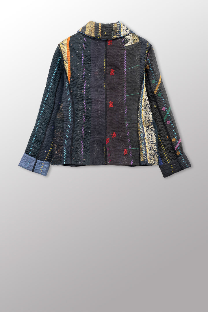 JEWEL WOVEN WITH VERTICAL PATCH KANTHA CROPPED BASIC JACKET - jv4096-blk -