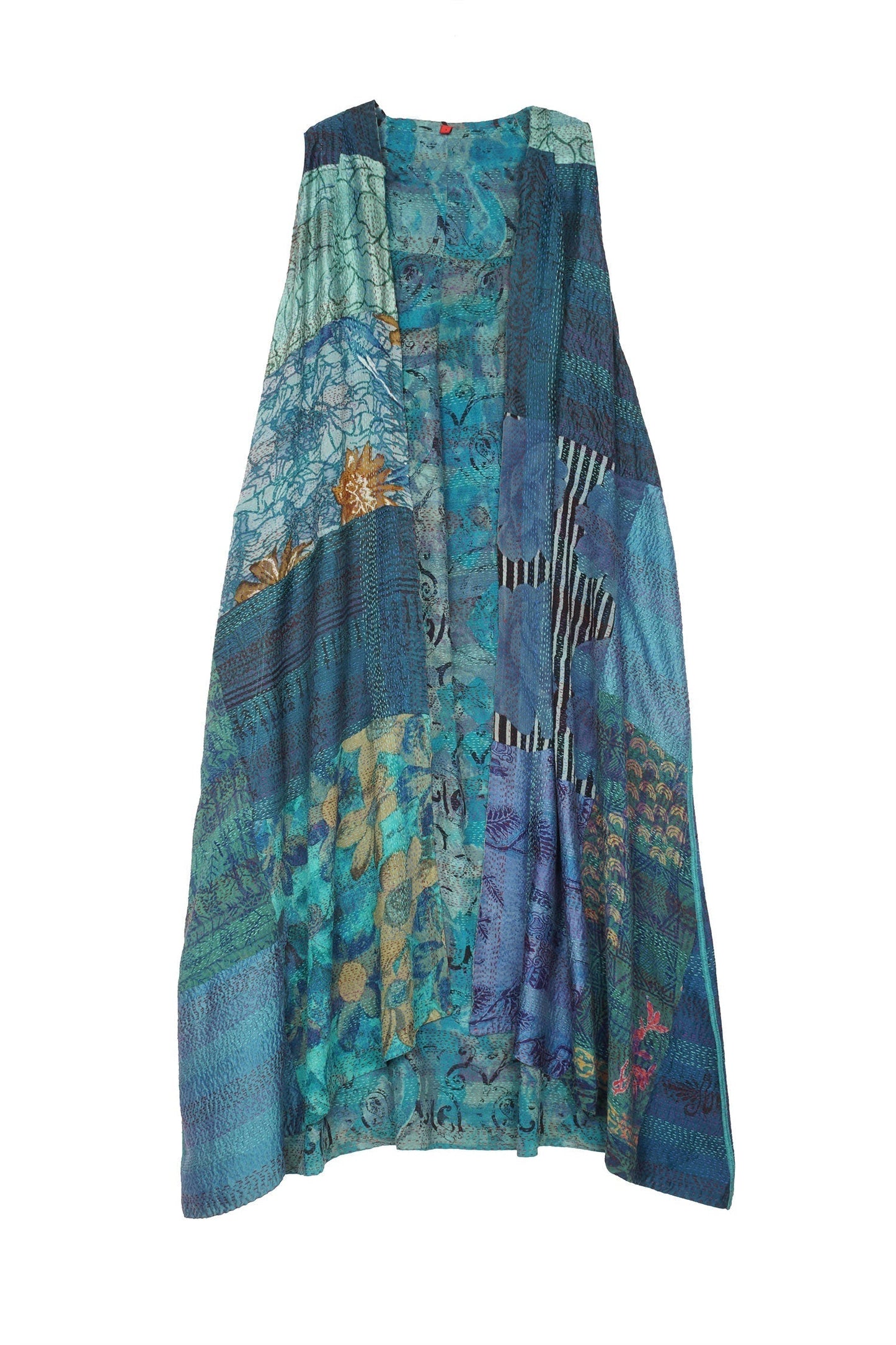 GEORGETTE VINTAGE SILK PATCH KANTHA BACK PLEATED VEST MAXI - gs2222-tel -