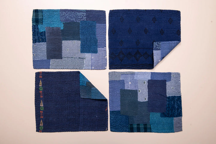 Landscape Fray Patch  Vintage Kantha Placemat - Navy (Set of 2)