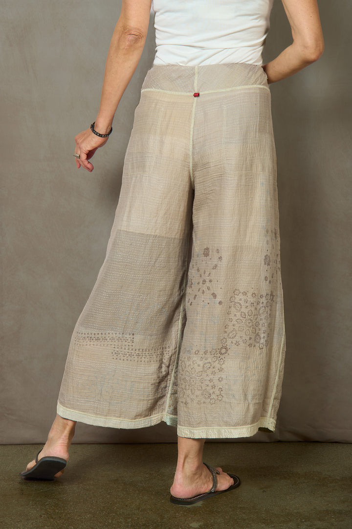 MOSAIC FRAY PATCH KANTHA MID RISE WIDE LEG PANTS - zb2665-ivy -