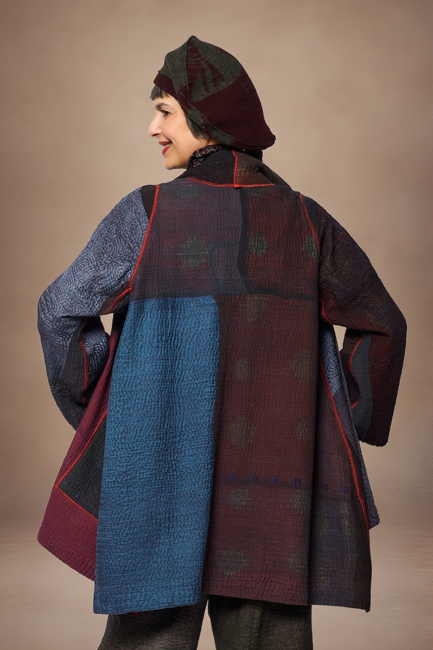 AJRAKH PRINT AND SILK COTTON PATCH KANTHA A-LINE JACKET - az4003-brn -