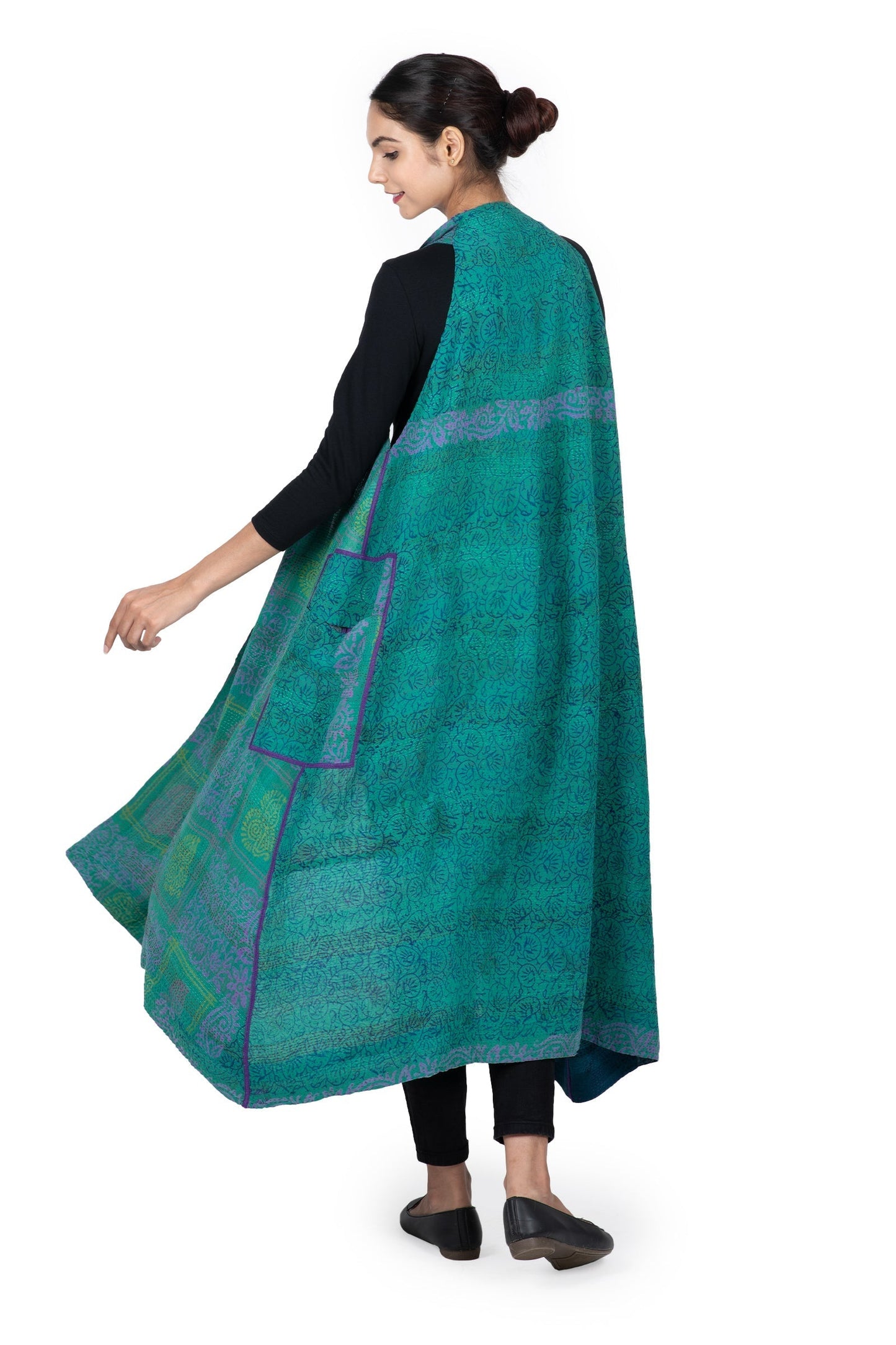 GEORGETTE VINTAGE SILK PATCH KANTHA BACK PLEATED VEST MAXI - gs2222-tel -