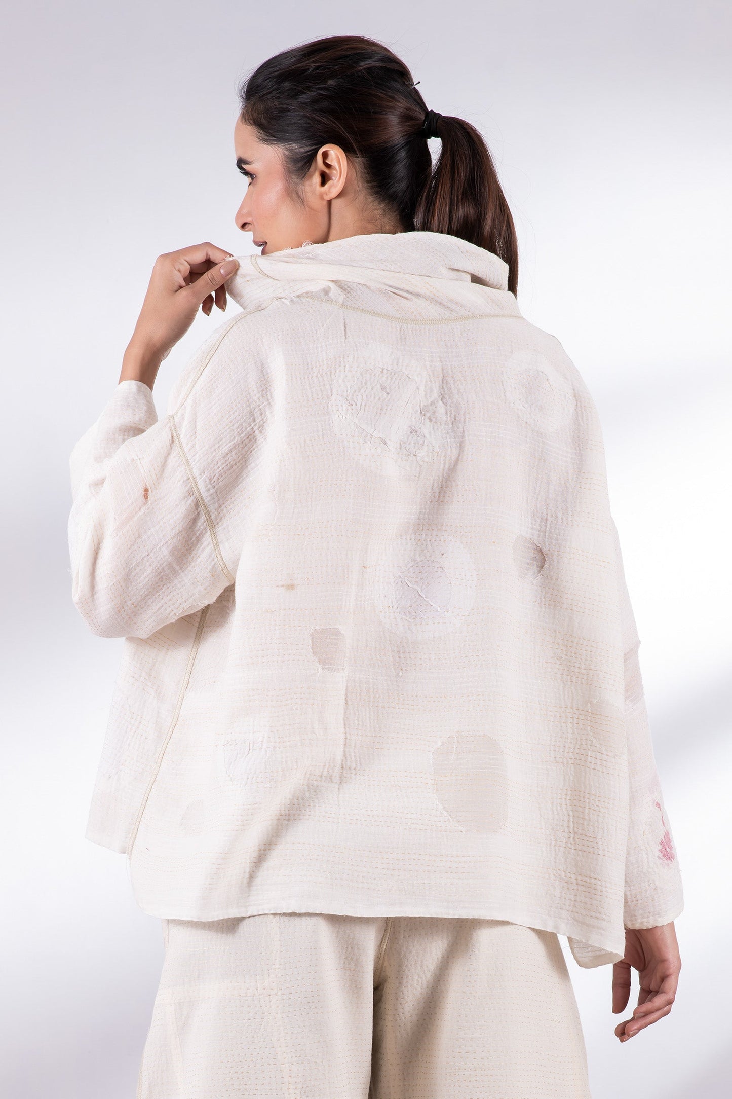 CUT THROUGH DOT AND HOLES KANTHA COWL PULLOVER - cd2547-ivy -