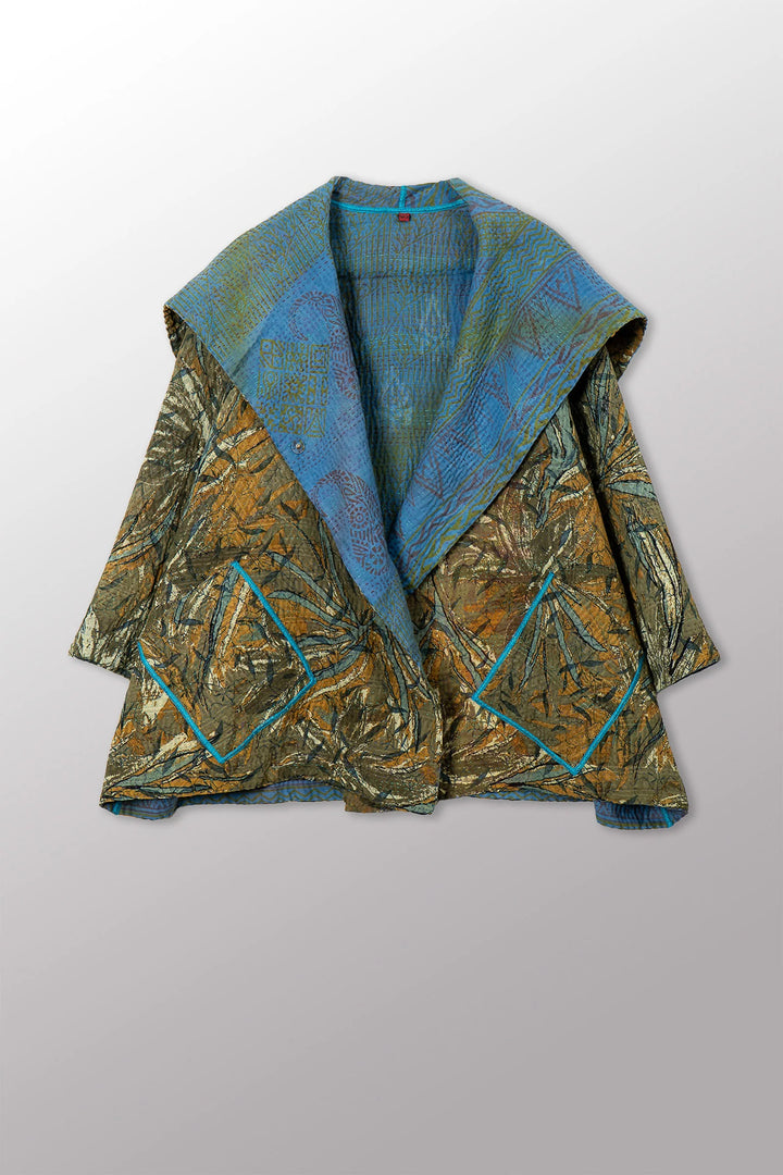 VINTAGE SILK GEORGETTE COTTON KANTHA FLARE JACKET - gc4010-0003a -