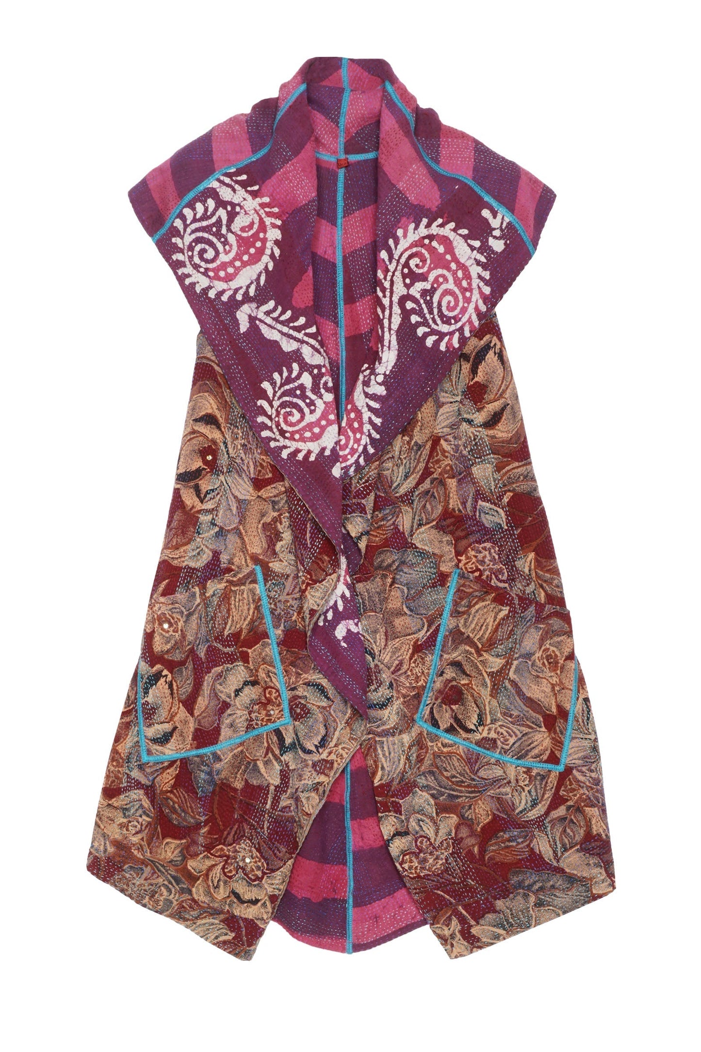 VINTAGE SILK GEORGETTE COTTON KANTHA CIRCULAR VEST - gc2201-9010a -