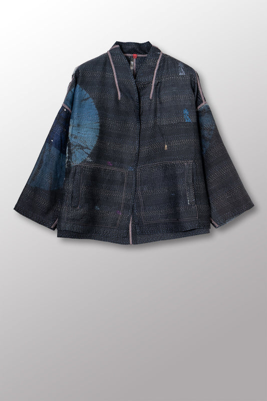 TIE DYE CIRCLE SHIBORI KANTHA STAND COLLAR CROPPED JACKET - td2034-blk -