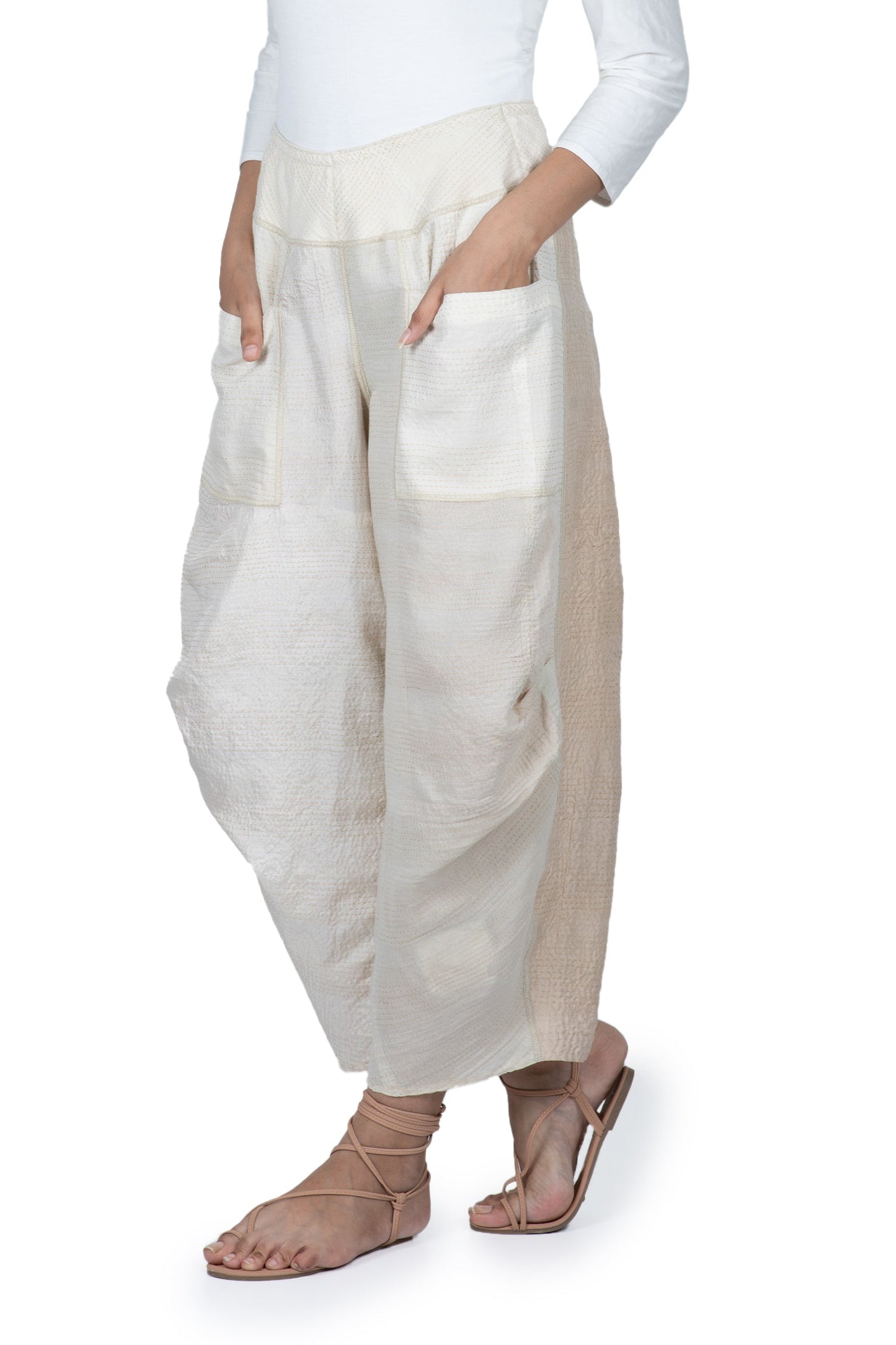JAIPUR WHITE KANTHA KNEE TUCKED PANTS - jw2625-ivy -
