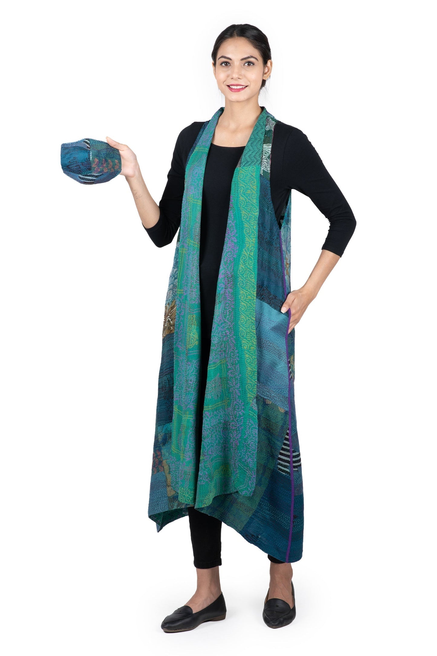 GEORGETTE VINTAGE SILK PATCH KANTHA BACK PLEATED VEST MAXI - gs2222-tel -