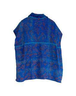 GEORGETTE VINTAGE SILK PATCH KANTHA CAP SLV. SHIRT - gs2530-blu -