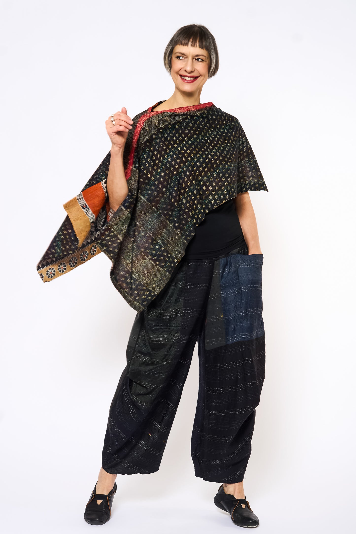 VINTAGE COTTON KANTHA CAPE - cv2806-mlt -
