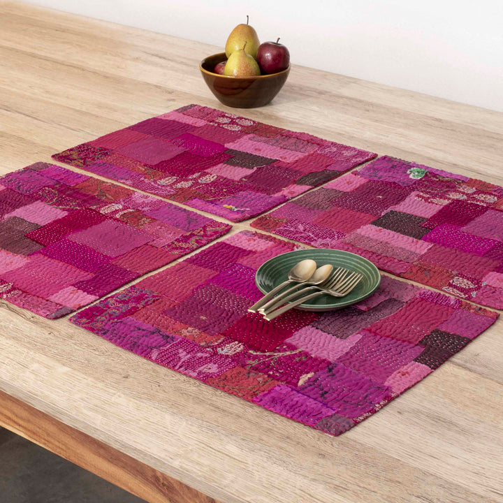 Printed Fray Vintage Cotton Kantha Placemat -Pink (Set of 2)