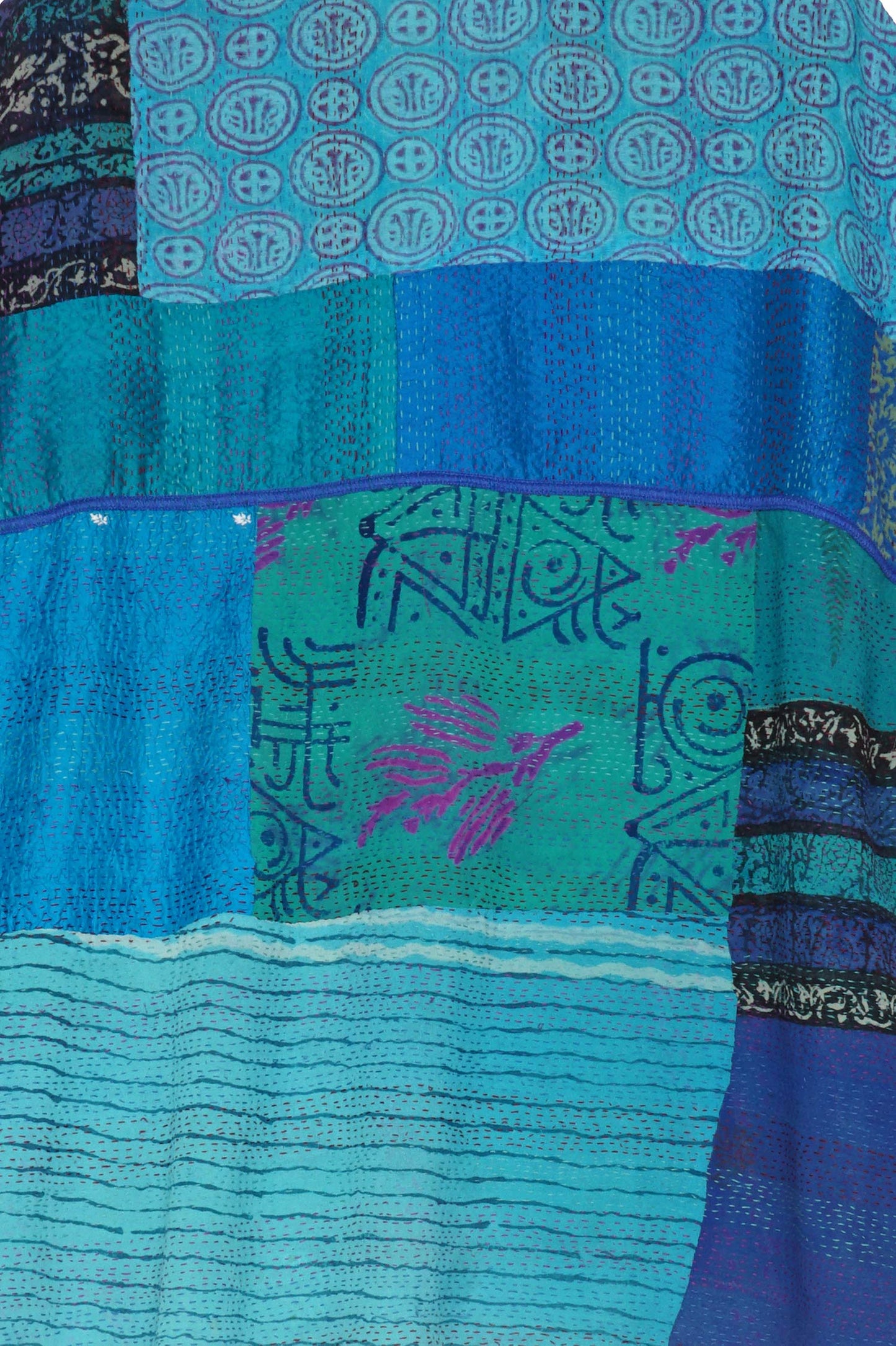 GEORGETTE VINTAGE SILK PATCH KANTHA CAP SLV. SHIRT - gs2530-blu -