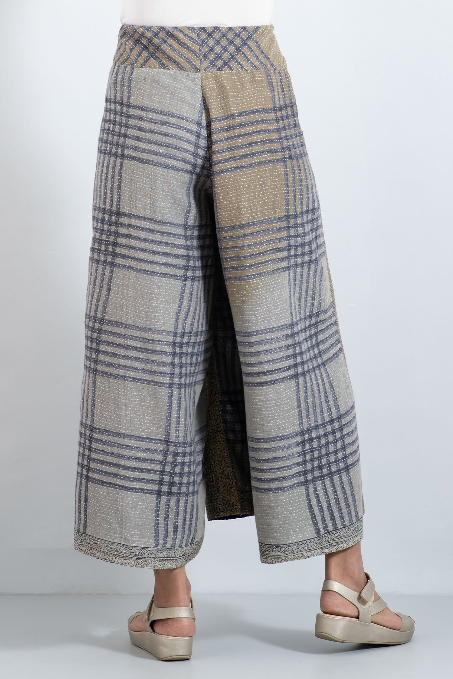 INDONESIAN PRINT VINTAGE INDIGO BACKING KANTHA FRONT WRAP PANTS - bi2631-blu -