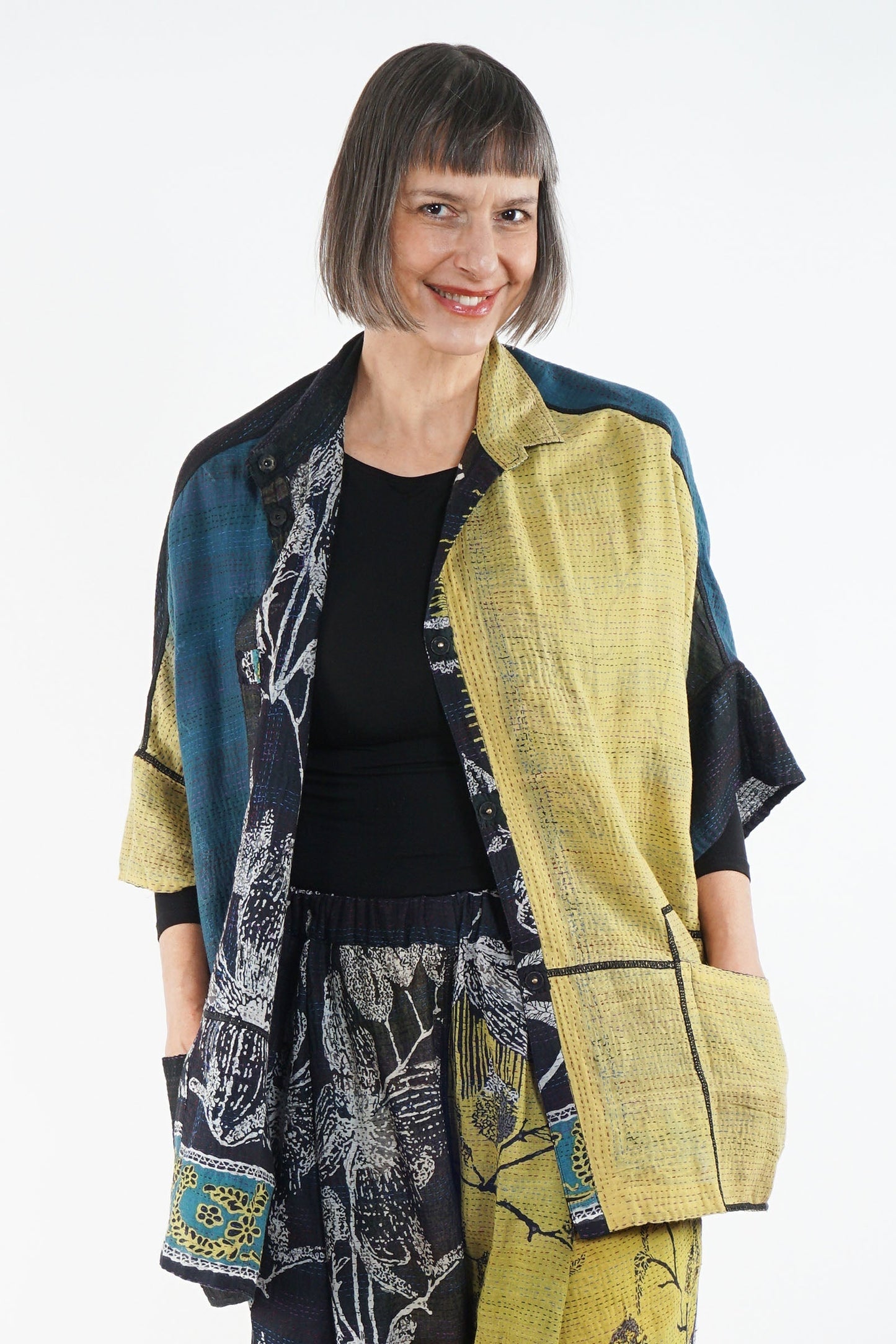 ORGANIC LEAVES KANTHA WIDE SHIRT - ol2546-blk -