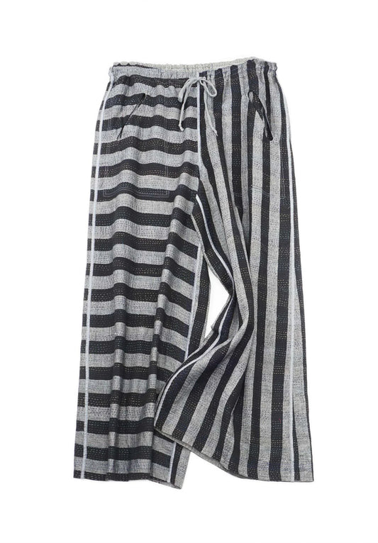 WOVEN STRIPE FRAYED PATCH BACK KANTHA DRAW STRING GAUCHO - wp2627-gry -