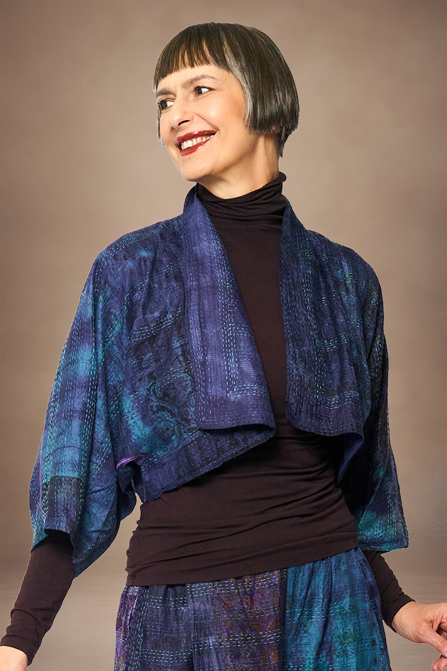 TIE DYE VINTAGE SILK KANTHA PUFF SLV. SHRUG - st-sv2062-nvy -