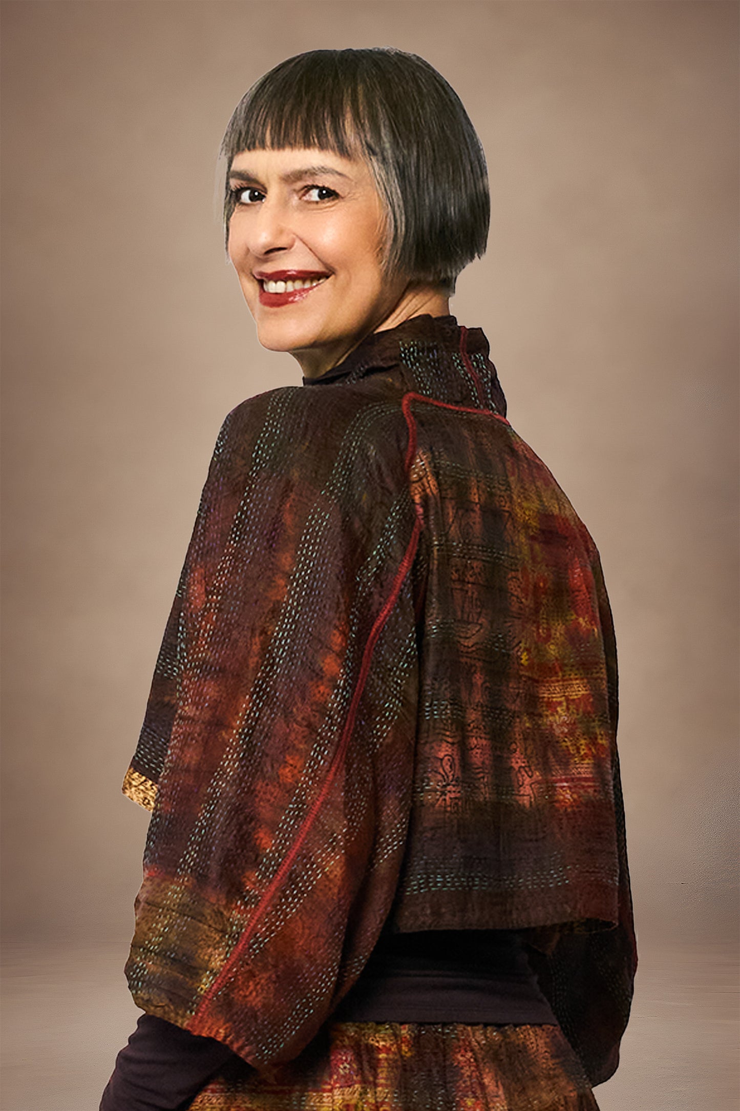 TIE DYE VINTAGE SILK KANTHA PUFF SLV. SHRUG - st-sv2062-brn -