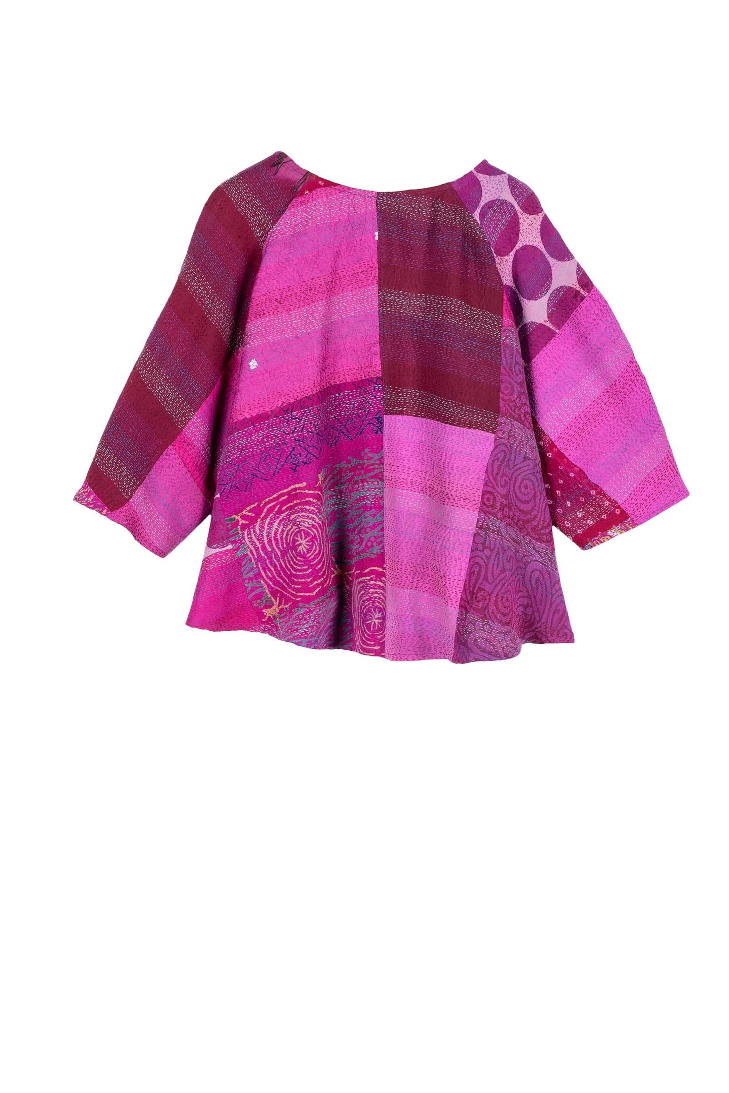 GEORGETTE VINTAGE SILK PATCH KANTHA PUFF SLV. FLARE SHORT TOP - gs2544-pik -