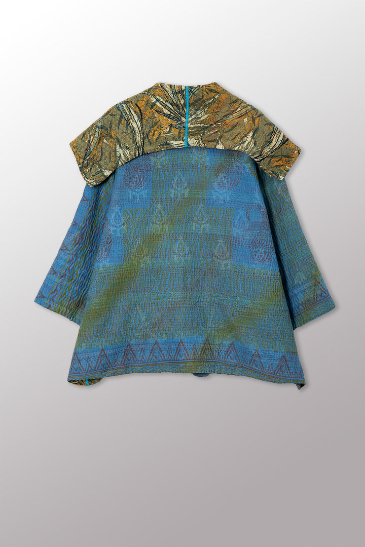 VINTAGE SILK GEORGETTE COTTON KANTHA FLARE JACKET - gc4010-0003a -