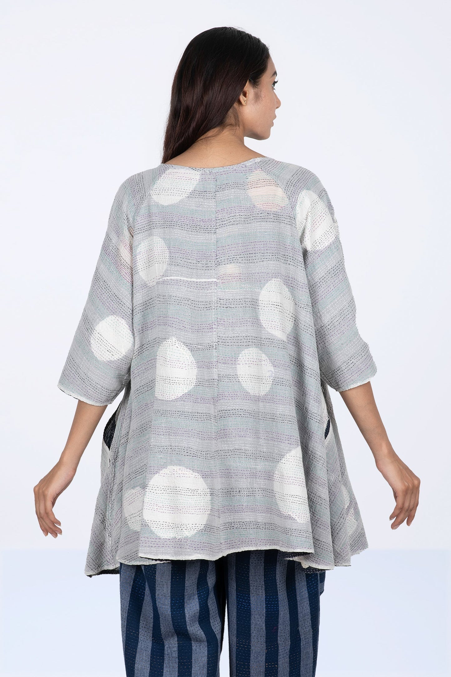 CUT THROUGH DOT AND HOLES KANTHA PUFF SLV. FLARE TOP - cd2543-blu -
