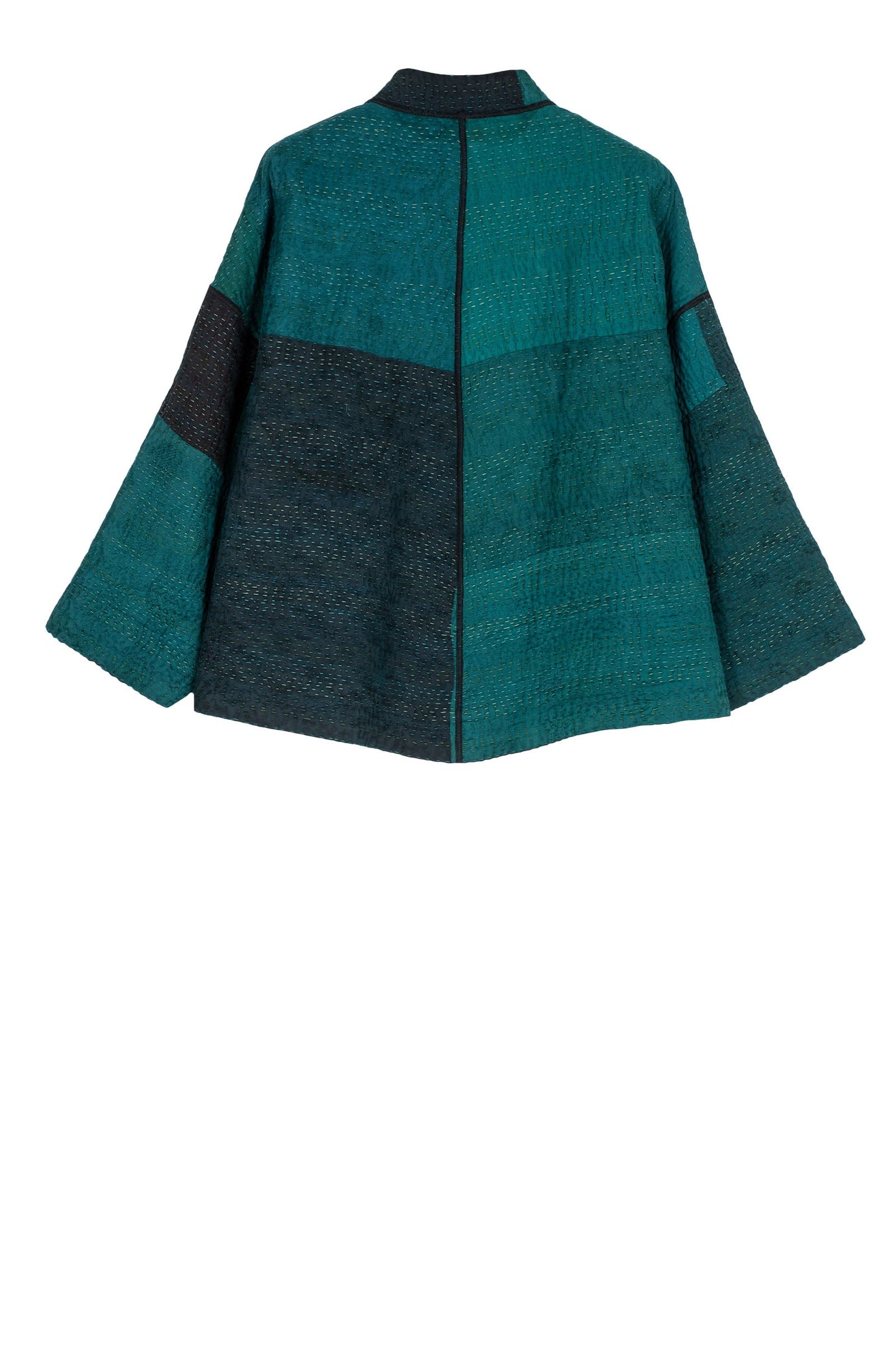 EMERALD GREEN KANTHA STAND COLLAR CROPPED JACKET - eg4034-tel -