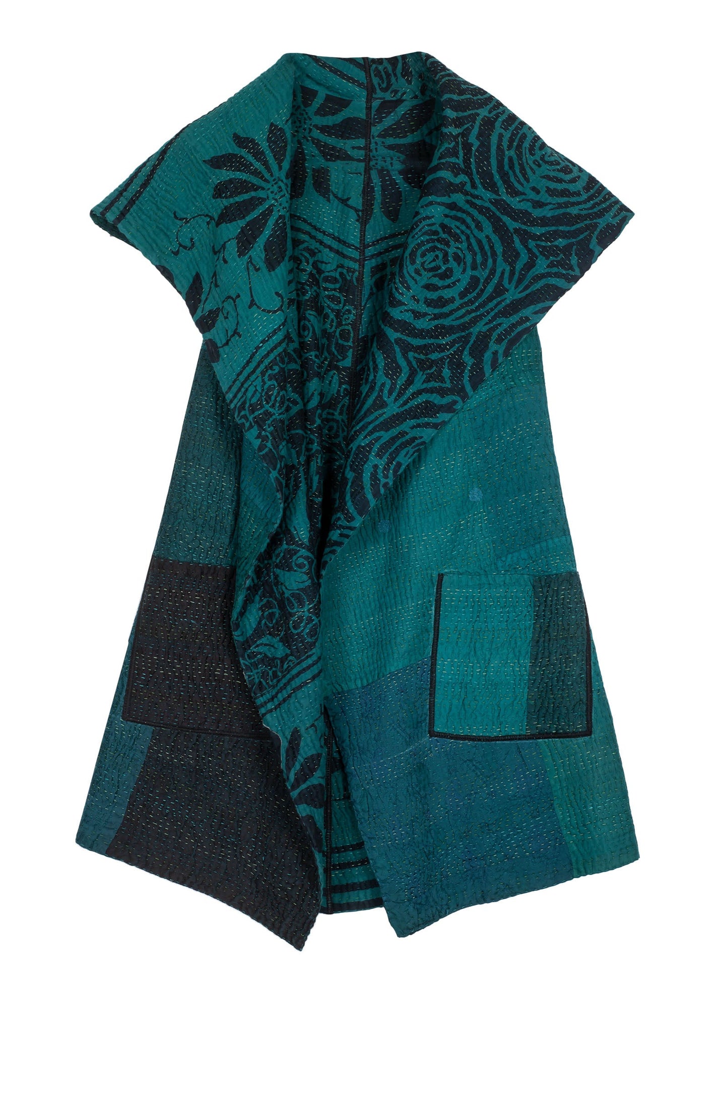 EMERALD GREEN KANTHA CIRCULAR VEST - eg4201-tel -