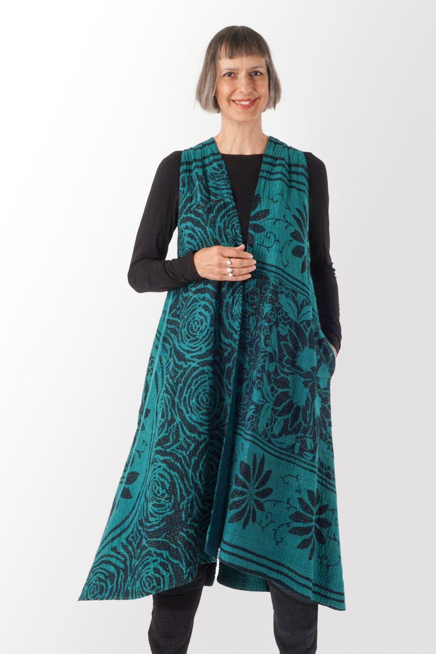 EMERALD GREEN KANTHA BACK PLEATED VEST MAX - eg4222-tel -
