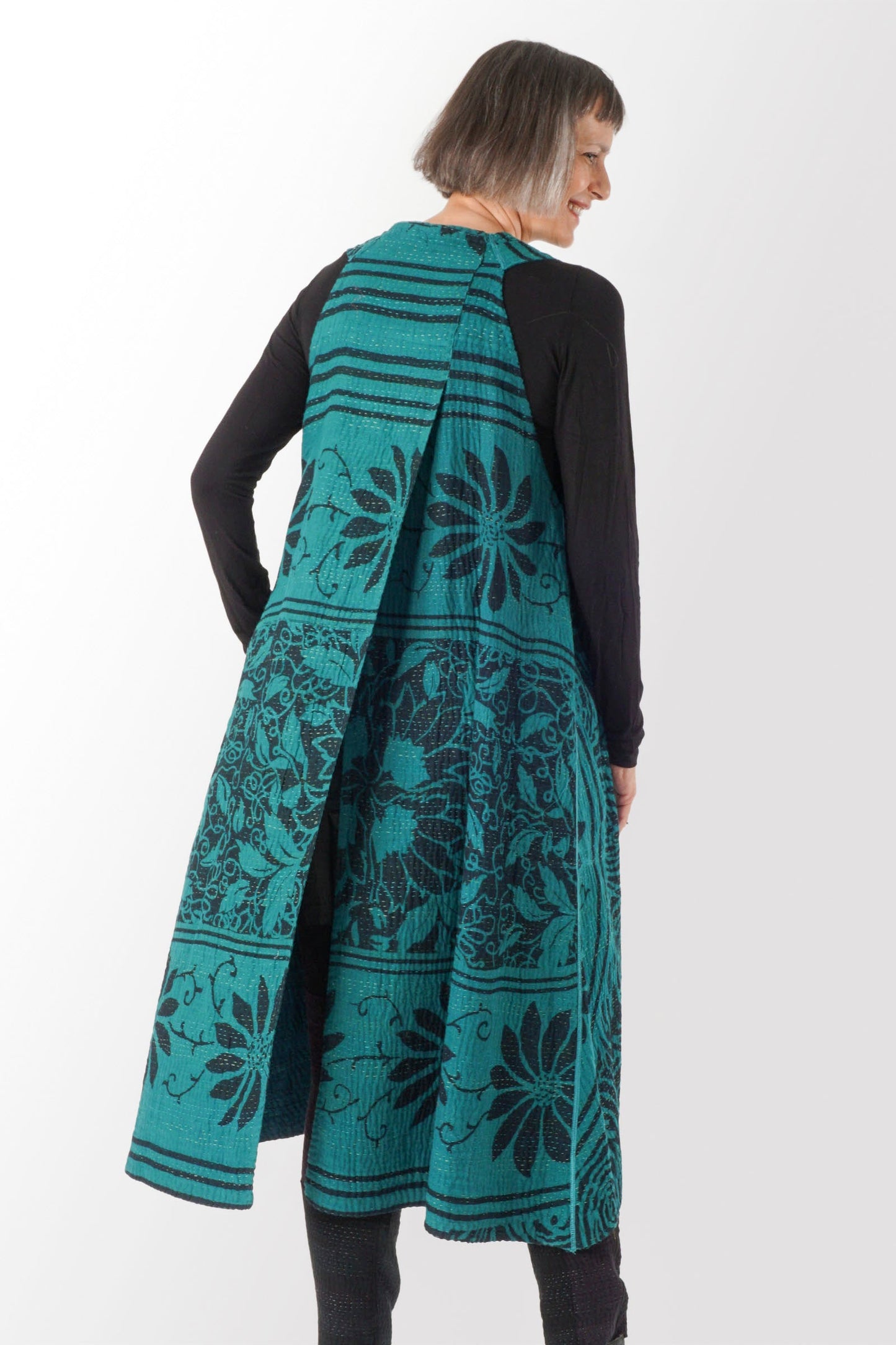 EMERALD GREEN KANTHA BACK PLEATED VEST MAX - eg4222-tel -