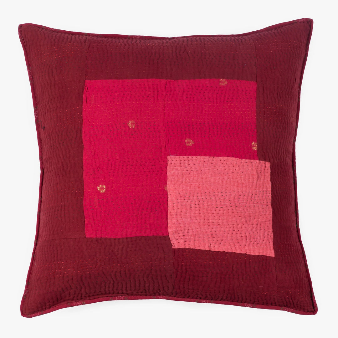 Landscape Fray Patch vintage Kantha Pillow - Red