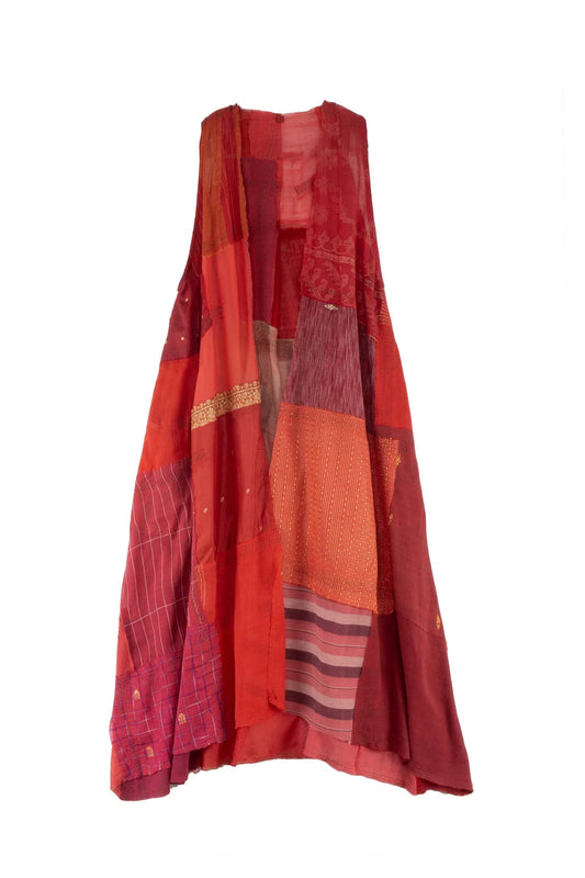 MOSAIC TILE PATCH KANTHA BACK PLEATED VEST MAXI - mt1222-red -