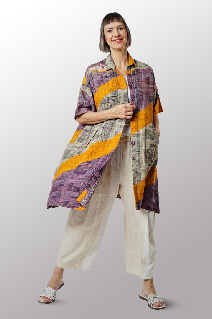 ROBE-CHEMISE MI-LONGUE VINTAGE EN COTON KANTHA - mc2429-0018a -